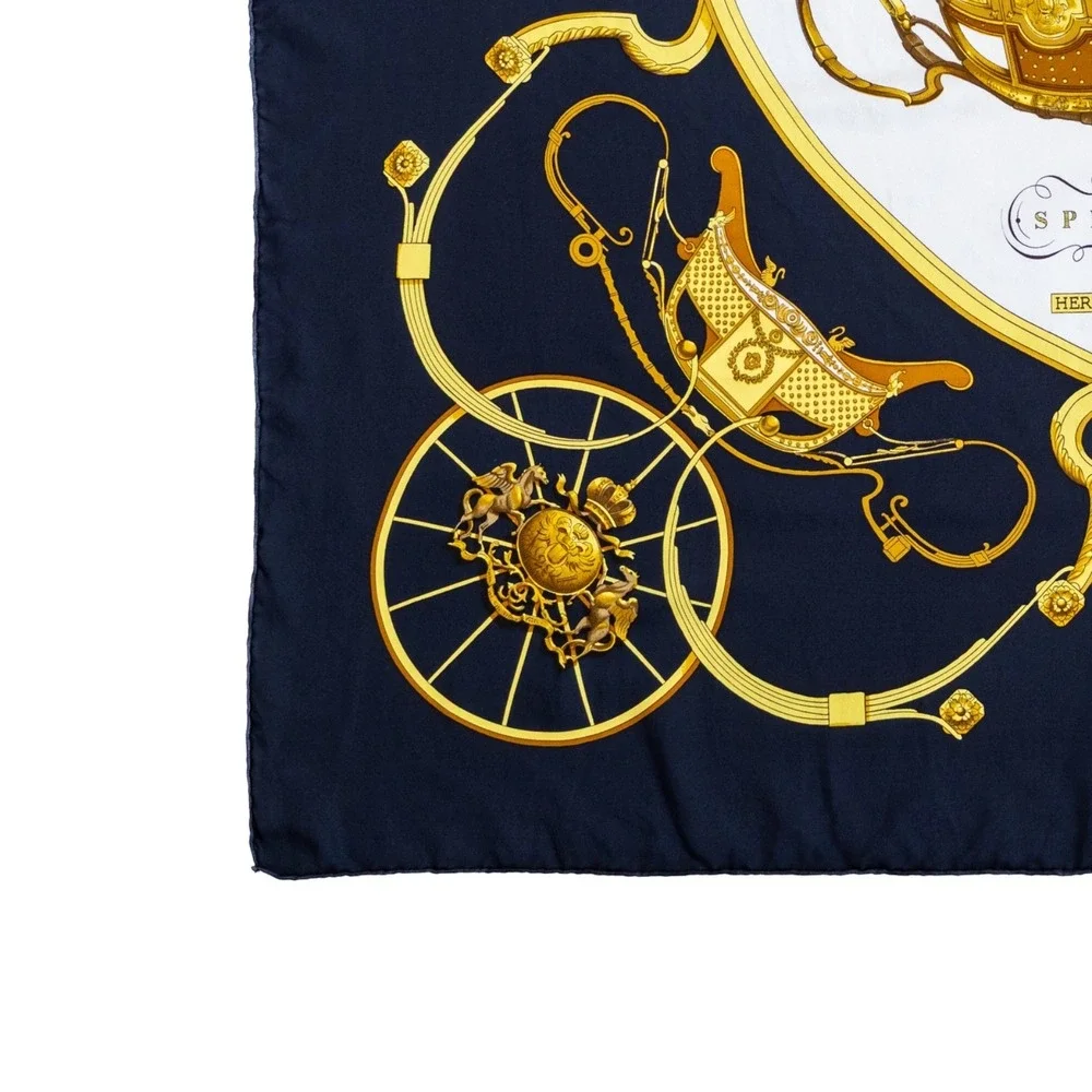 Hermès Springs Silk Scarf Black Gold Equestrian Carré 90 Vintage France